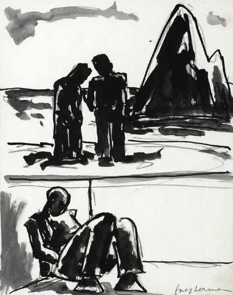 THREE FIGURES IN A LANDSCAPE by Josef Herman, ink with wash over pencil on paper, sold Dec 2011