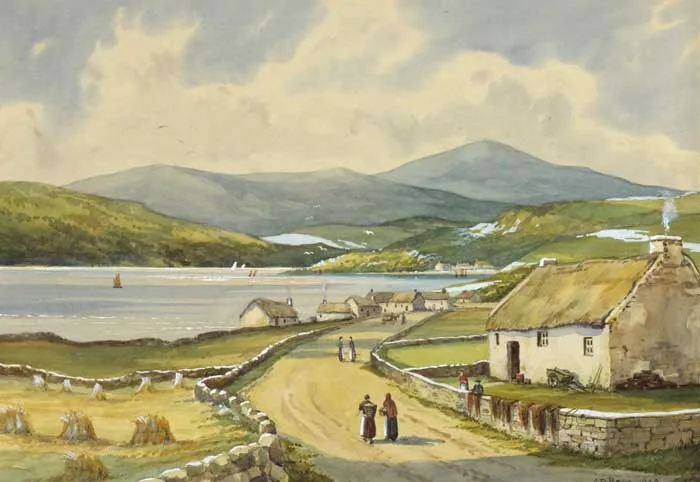 A.B. Bell, VILLAGE BY WATER WITH SNOW CAPPED MOUNTAINS BEYOND, 1948, watercolour heightened with white