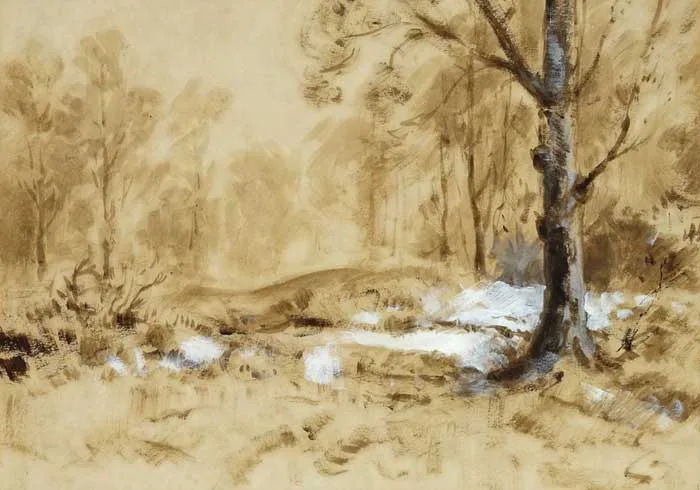 LANDSCAPE WITH TREES by Maurice Canning Wilks, watercolour with oil on paper, offered Dec 2011