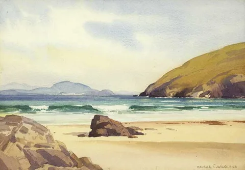 Maurice Canning Wilks, KEEM BAY, ACHILL ISLAND and COTTAGES AND TURF STACKS WITH VIEW OF SLIEVEMORE MOUNTAIN, ACHILL (A PAIR), watercolour