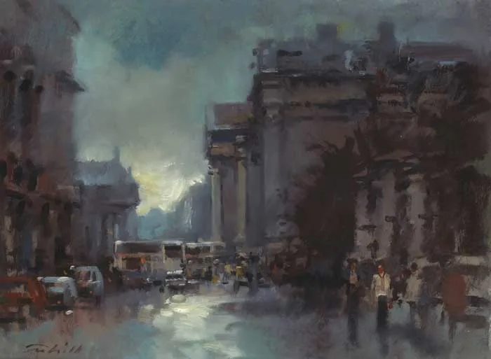 BUS STOP AT TRINITY COLLEGE, DUBLIN by Patrick Cahill, oil on board, offered Dec 2011
