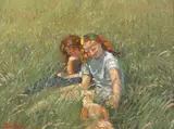 Tom Roche, RED-HAIRED GIRLS AND PUPPY IN A FIELD