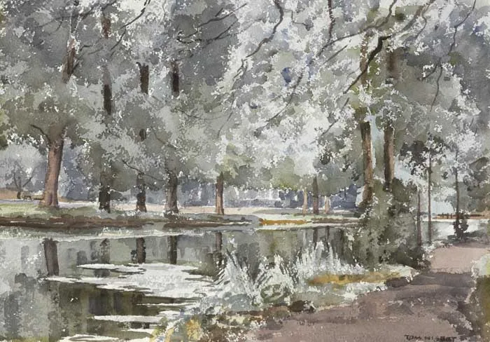 PATH BY A TREE LINED RIVER by Tom Nisbet, watercolour, sold Dec 2011
