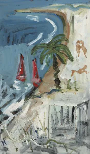Hugh McIlfatrick, ON THE BAY OF NICE, oil on board with collage element