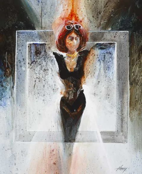 Henry Blackmore, ON THE TOWN, oil with mixed media on canvas board