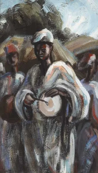 Rex Emerka, THREE AFRICAN MUSCIANS, oil on board; (1) monotype; (1); ink; (1); (all framed)