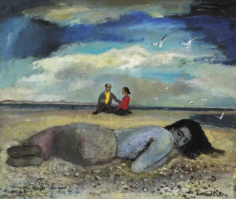 Gerard Dillon, GIRL ON BEACH, oilon hessian sackcloth