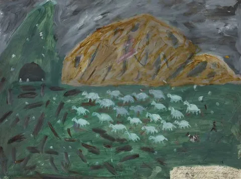 James Dixon, THE SHEPHERD DRIVING HIS FLOCK TO THE EAST END OF TORY ISLAND, 1967, oil on paper