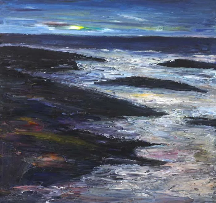 COASTAL LANDSCAPE BY MOONLIGHT by Peter Collis, oil on canvas, sold Nov 2011