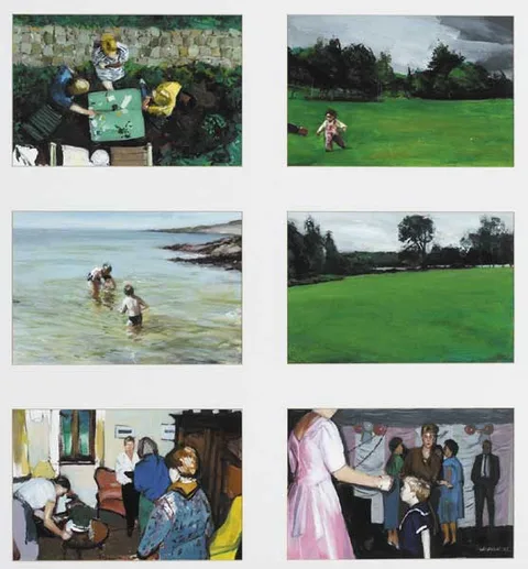 Peter Fitzgerald, ADELHEIDSTR 10: R, A, B; CHILD AND FIELD; MAYO SEA; FIELD; PARTY; WEDDING DANCE, 1995, oil on canvas; (six panels framed as one)