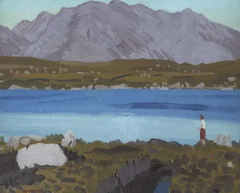 Micheál de Burca, FIGURE BY A LAKE WITH MOUNTAIN BEYOND, oil on board