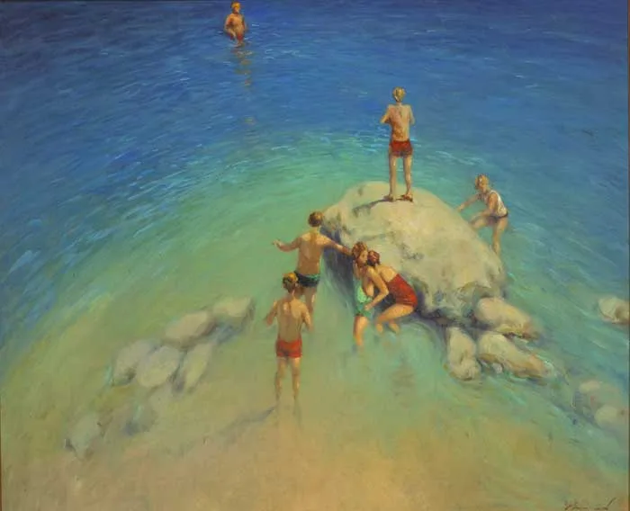 YOUNG SWIMMERS, WHITEROCK, DALKEY by Ken Moroney, oil on board, sold Nov 2011