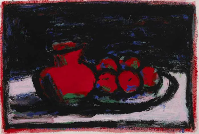 JUG AND APPLES by Neil Shawcross, 1998, oil on paper, sold Nov 2011