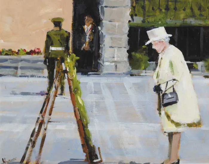 Michael Hanrahan, THE QUEEN AT THE GARDEN OF REMEMBRANCE, DUBLIN, acrylic on board