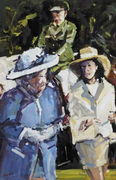 Michael Hanrahan, THE QUEEN AND LADY CHRYSS O'REILLY AT THE NATIONAL STUD KILDARE, acrylic on board