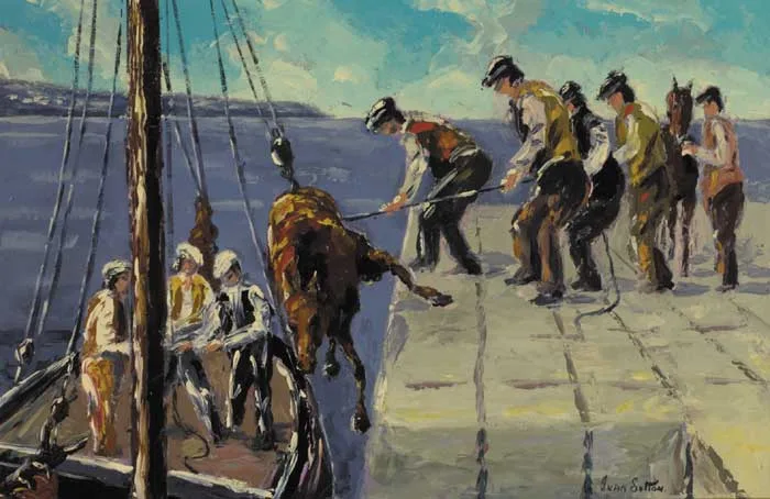 LOADING HORSES AT INIS MAAN PIER, ARAN ISLANDS, COUNTY GALWAY by Ivan Sutton, oil on canvasboard, sold Oct 2011