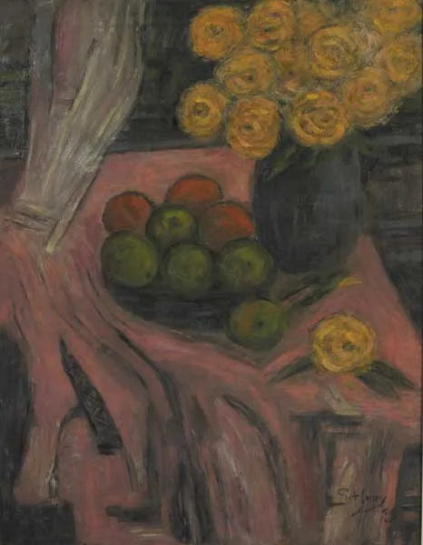 APPLES, ORANGES AND MARIGOLDS by Grace Henry, 1949, oil on canvas, offered Oct 2011