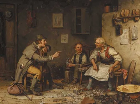 Septimus Dawson, COBBLER HOLDING 'THE FREEMAN'S JOURNAL' WITH TRAVELLER AND YOUNG APPRENTICE, oil on canvas