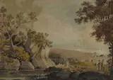 John Henry Campbell, FIGURES ON A PATH WITH CASTLE, BUILDINGS AND MOUNTAIN IN THE DISTANCE and FIGURES AT A BRIDGE WITH COTTAGES BEYOND (A PAIR)