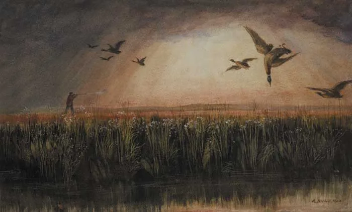 DUCK SHOOTING by Andrew Nicholl, watercolour over pencil heightened with white, offered Oct 2011