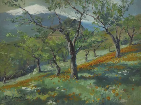 Edith Anna Somerville, HILLSIDE LANDSCAPE WITH SNOW CAPPED MOUNTAINS BEYOND, oil on board