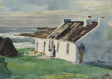 Micheál de Burca, WOMAN FEEDING CHICKENS, MAN LEANING AGAINST COTTAGE WALL WITH TURF STACKS AND SEA BEYOND, watercolour over pencil