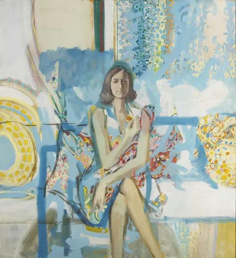 Eric Patton, YOUNG WOMAN SEATED IN FLORAL PATTERNED SURROUNDINGS, oil on canvas