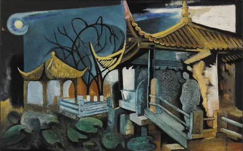 PEKING COURT by Marian Jeffares, oil on board, offered Oct 2011