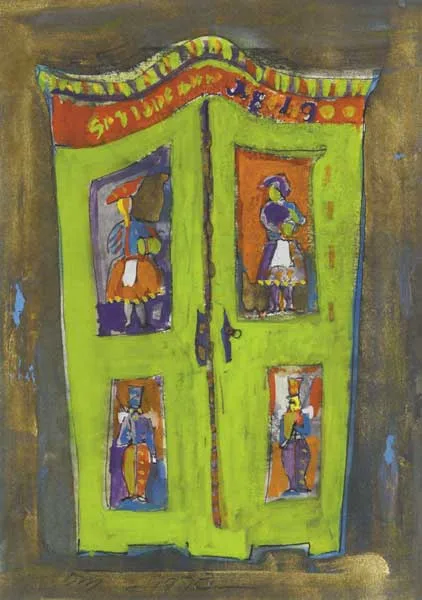 SWISS ARMOIRE by Tony O'Malley, 1973, gouache over pencil and ink with gold paint on paper, offered Oct 2011