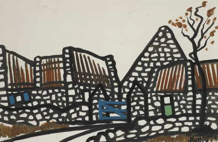 FARMHOUSES WITH BLUE GATE by Markey Robinson, oil on board, offered Oct 2011