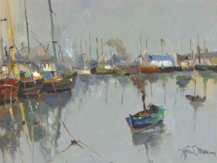 BLUE MORNING, ARKLOW HARBOUR by Liam Treacy, oil on canvas, sold Oct 2011