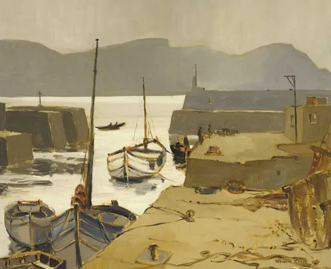 Desmond Turner, FISHERMEN AND BOATS IN A HARBOUR, oil on canvas