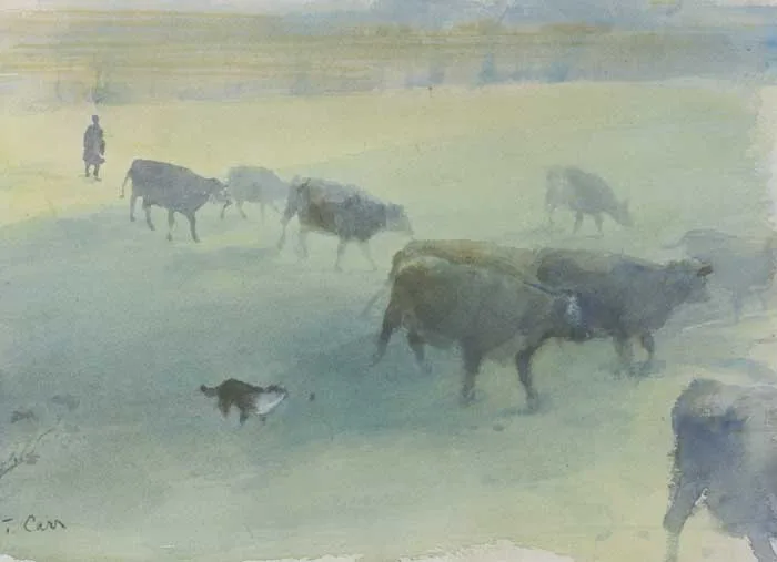 Tom Carr, MILKING TIME, watercolour