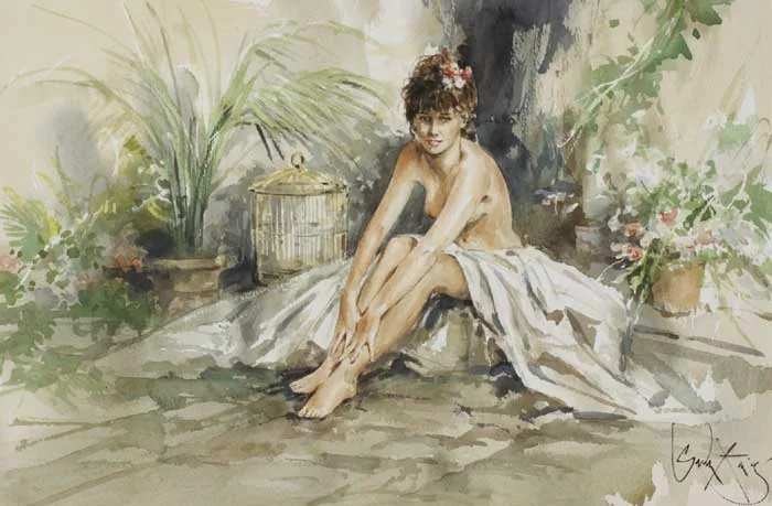 A SHELTERED CORNER and DEEP IN THOUGHT (A PAIR) by Gordon King, watercolour, sold Oct 2011