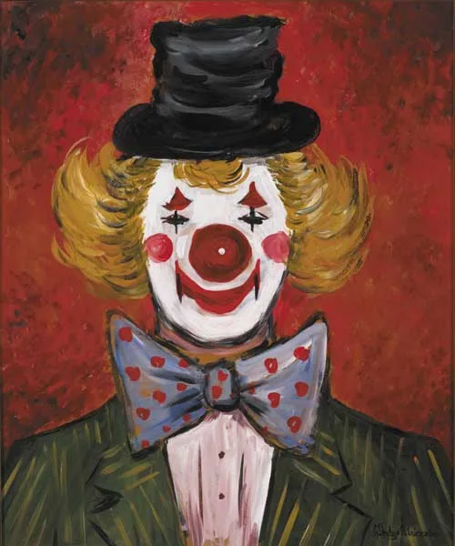 CLOWN WITH POLKA DOT BOWTIE by Gladys Maccabe, oil with gouache on card, sold Oct 2011