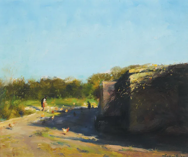 FEEDING THE CHICKENS by Thomas Ryan, c.1987, oil on board, sold May 2011