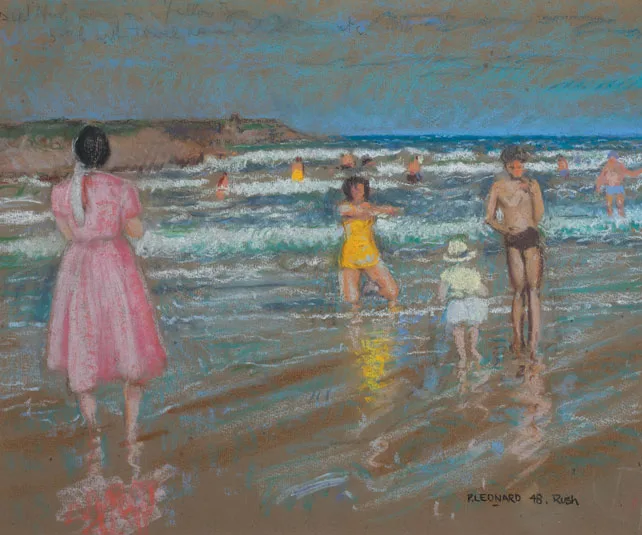 BATHERS AT RUSH by Patrick Leonard, 1948, pastel on buff coloured paper, sold May 2011