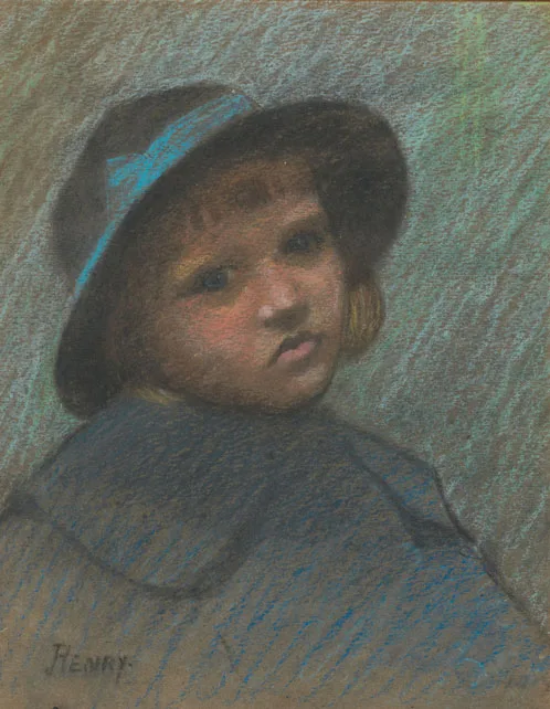 Paul Henry, HEAD OF A GIRL WEARING A HAT (1895-1898), pastel on buff coloured paper