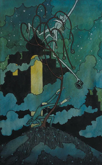 Mícheál MacLíammóir, "FRANNCACH AG RITH I NDIAID A BHAIREID", pen and ink with gouache heightened with white