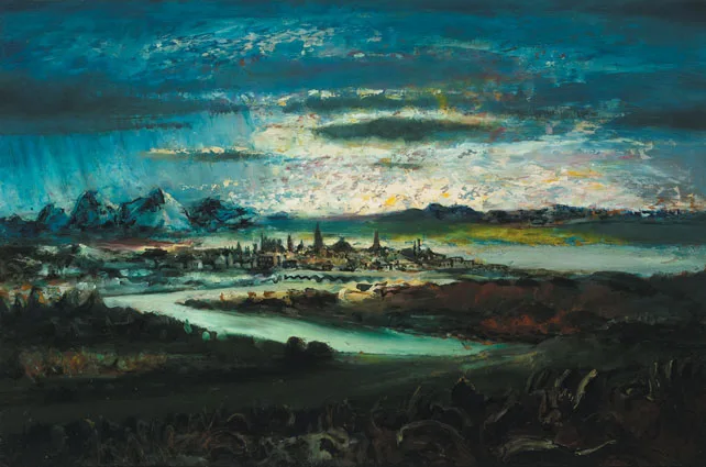 TOWN IN A LANDSCAPE by Daniel O'Neill, oil on board, offered May 2011