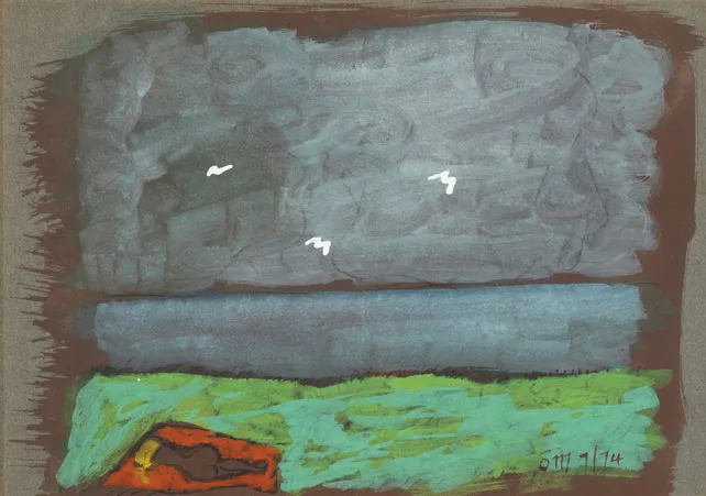 JANE SUNBATHING by Tony O'Malley, 1974, gouache and ink on buff coloured paper, sold May 2011