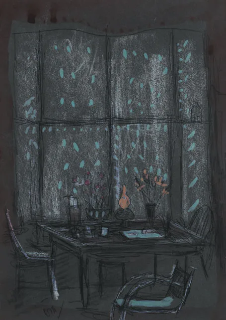 INTERIOR by Tony O'Malley, pen and ink with gouache and pastel on tinted paper, sold May 2011