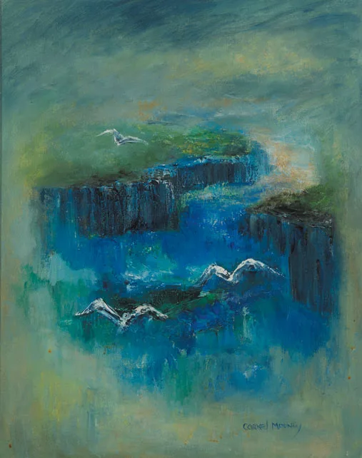 CLIFFS AND BIRDS by Carmel Mooney, oil on canvas, sold May 2011