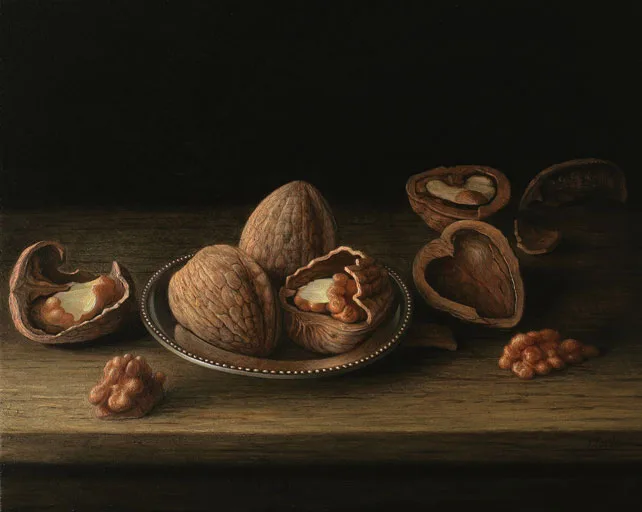 STILL LIFE WITH WALNUTS by Stuart Morle, 2011, oil on wood panel, sold May 2011