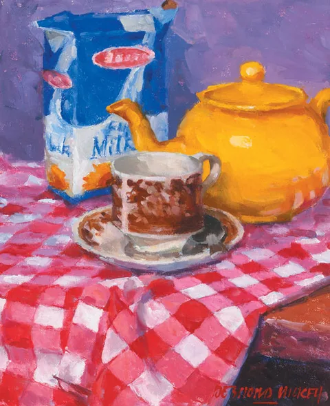 A QUICK CUP OF TEA by Desmond Hickey, oil on board, sold May 2011