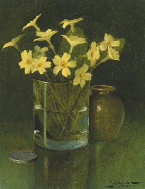 PRIMROSES by Padraig Lynch, 1993, oil on board, sold May 2011