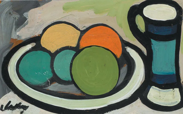 STILL LIFE WITH FRUIT AND MUG by Markey Robinson, oil on board, sold May 2011
