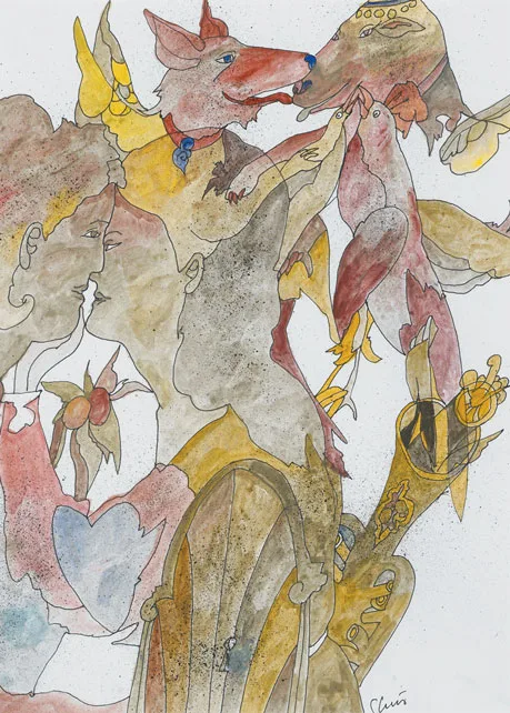 Piet Sluis, THE KISS, pen and ink with gouache on paper