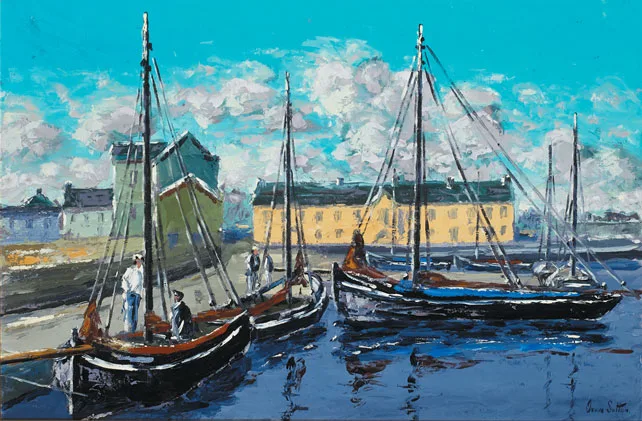 GALWAY HOOKERS BERTHED AT KINVARA HARBOUR COUNTY GALWAY by Ivan Sutton, oil on canvas board, offered May 2011
