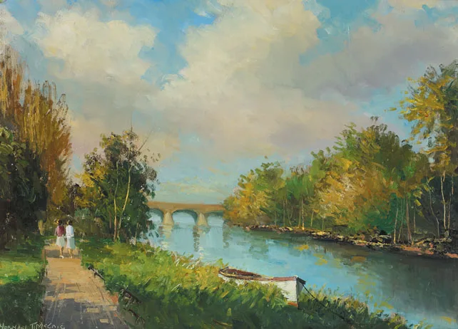 SHAWS BRIDGE, RIVER LAGAN by Norman J. McCaig, 1990, oil on board, offered May 2011